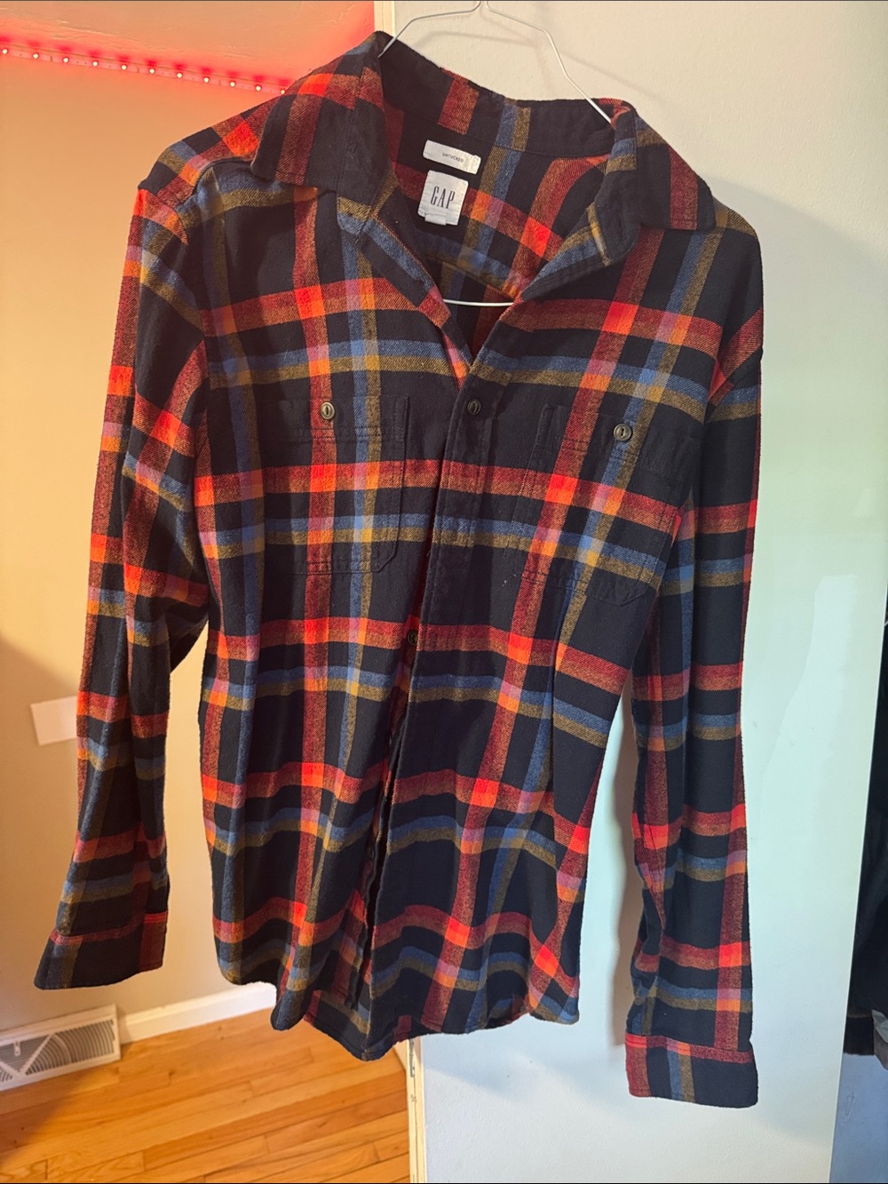 GAP Black Plaid Button-Up Shirt with Red & Mustard Stripes